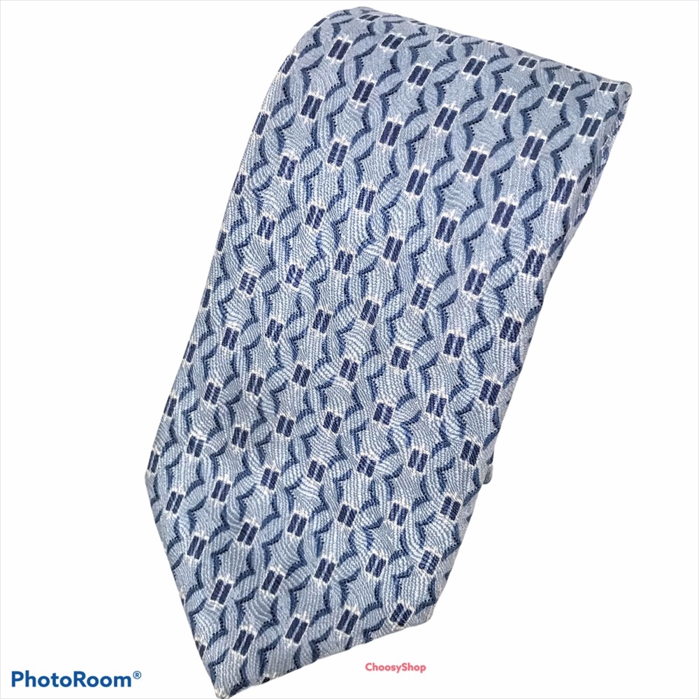 Silk Tie Light Blue Navy White Pattern Shorter length Designed in Italy Made USA